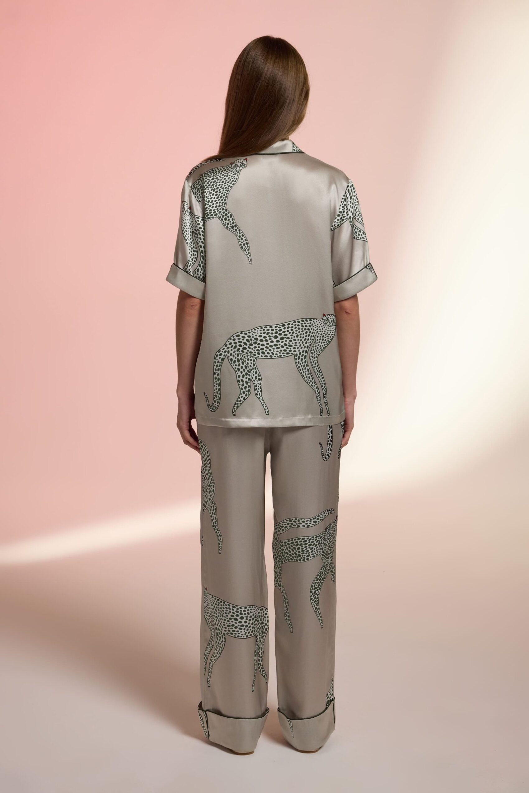 All-season silk pajama set featuring artistic animal prints, perfect for luxurious comfort.