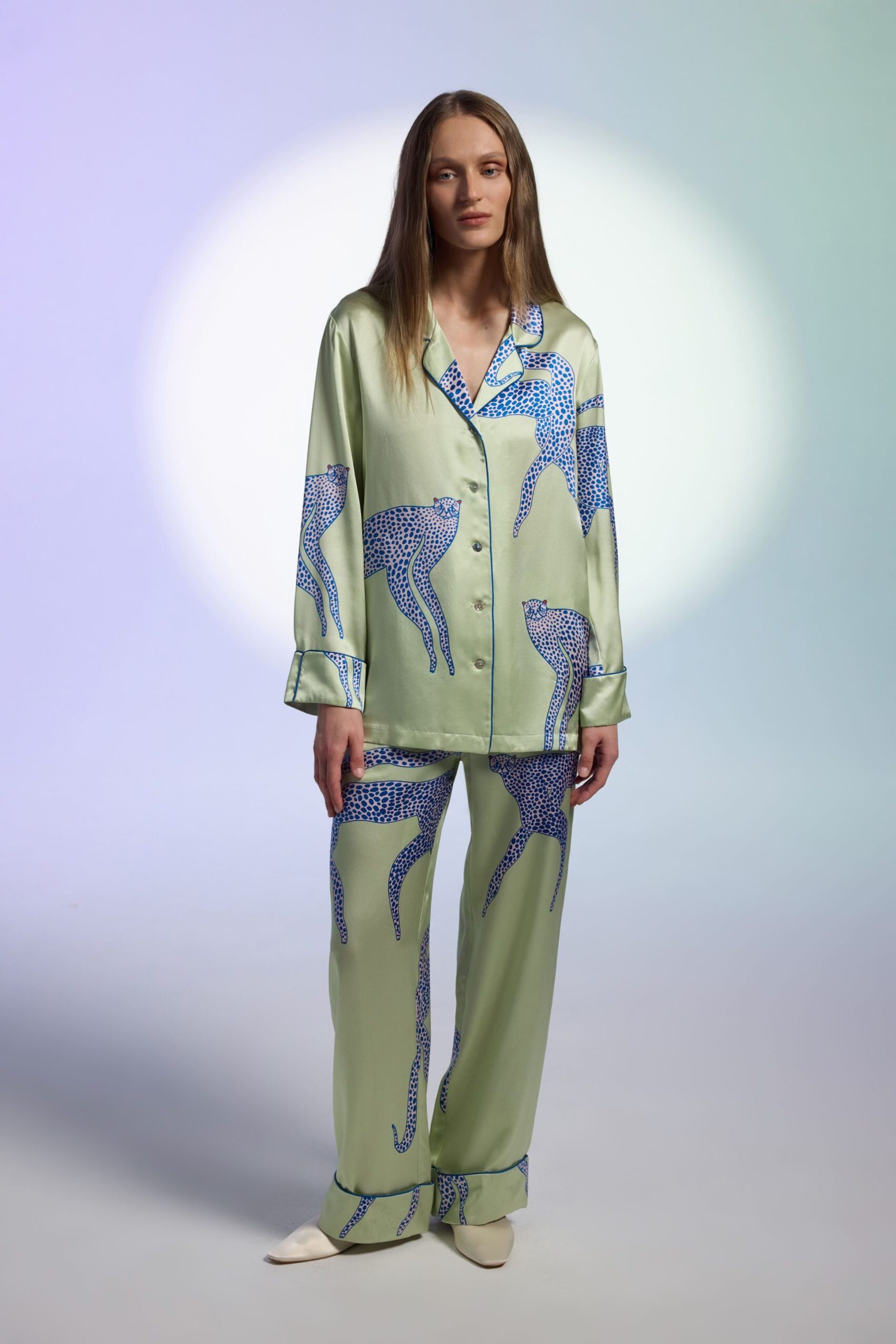 Luxury printed pajama set, designed for evening parties, blending elegance with comfort.