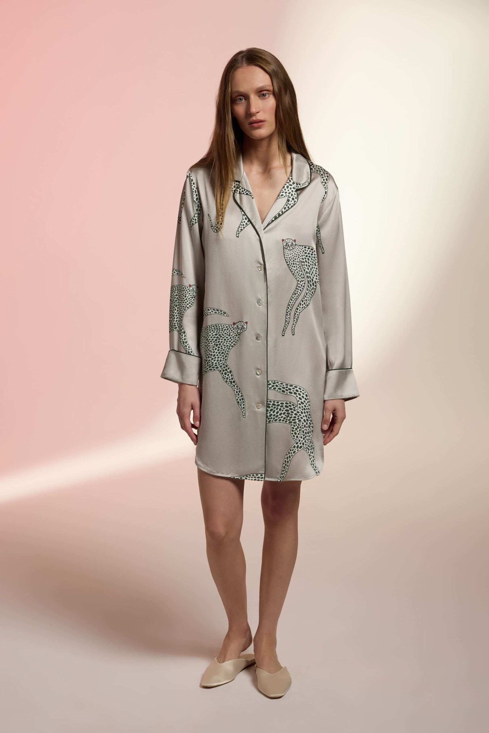 Chic grey silk nightshirt with bold animal prints, perfect for luxurious comfort and timeless style