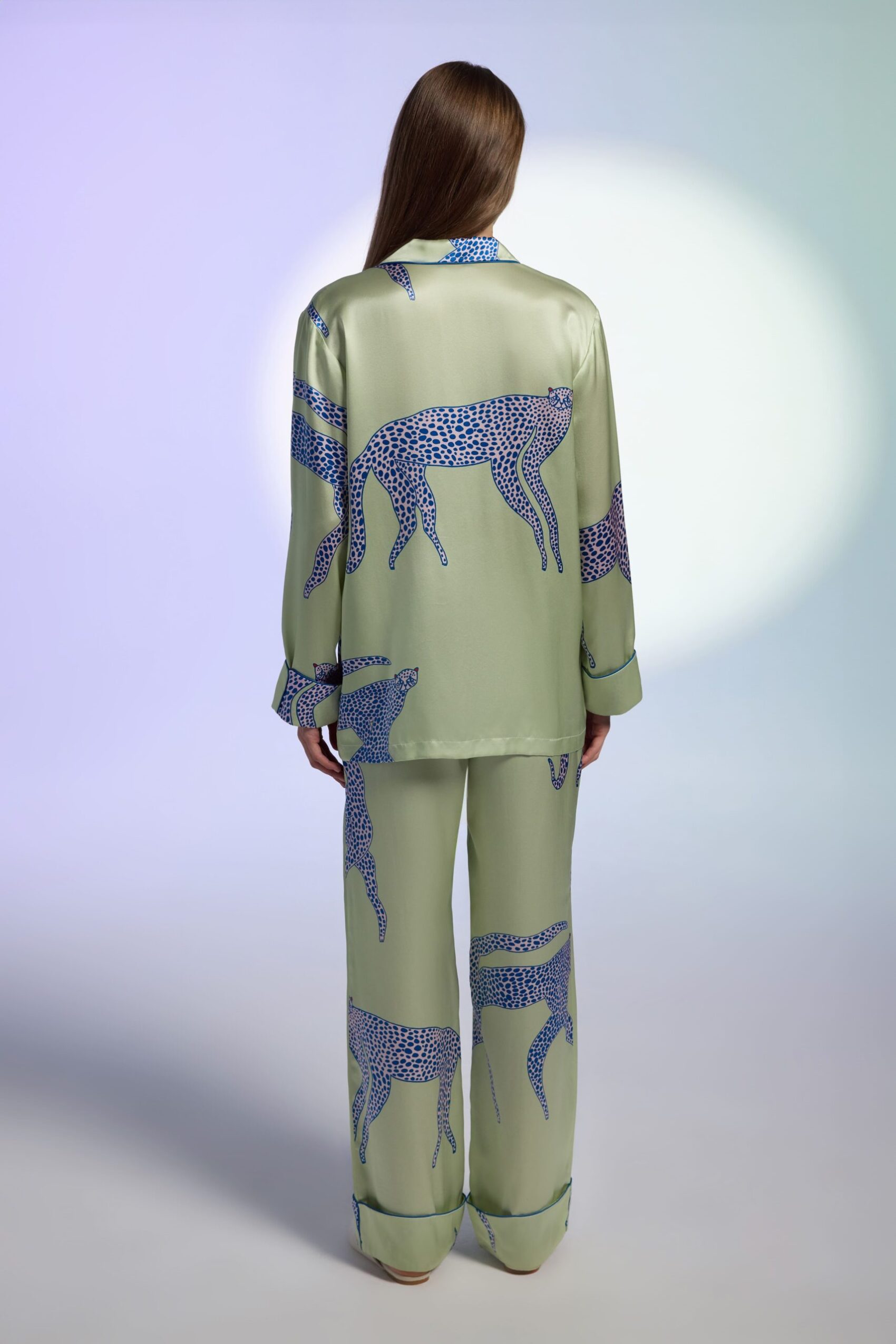 Unique printed silk pajama set with artist-designed prints, perfect for a stylish party look.