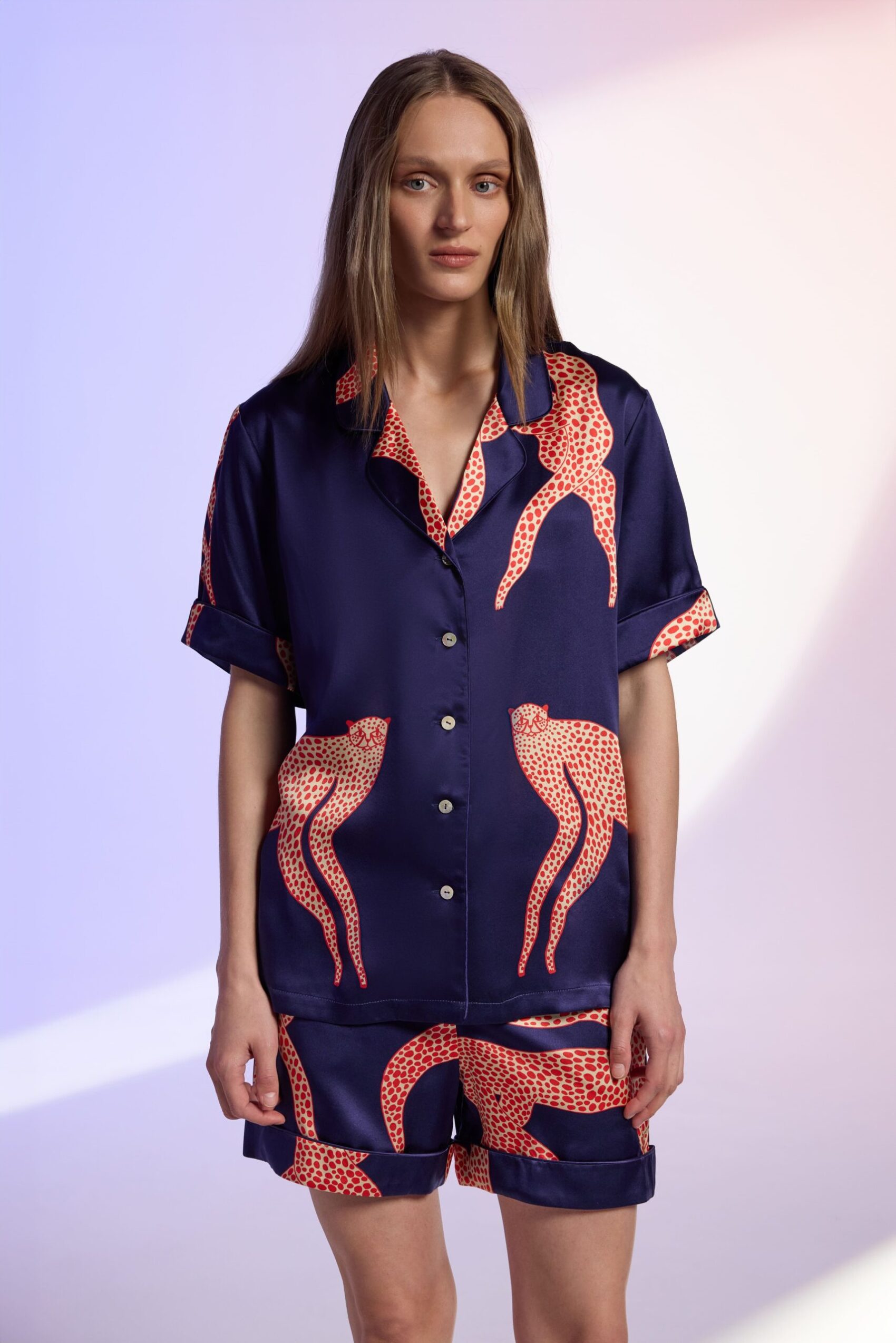 Printed silk pyjama set with bold animal print by Ashley Percival, made from luxurious silk for ultimate comfort and style.