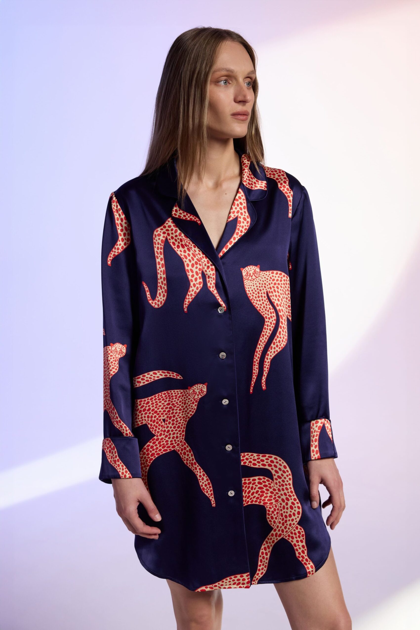 Printed nightshirt with unique animal print by Ashley Percival made from luxurious silk for comfort and unique style