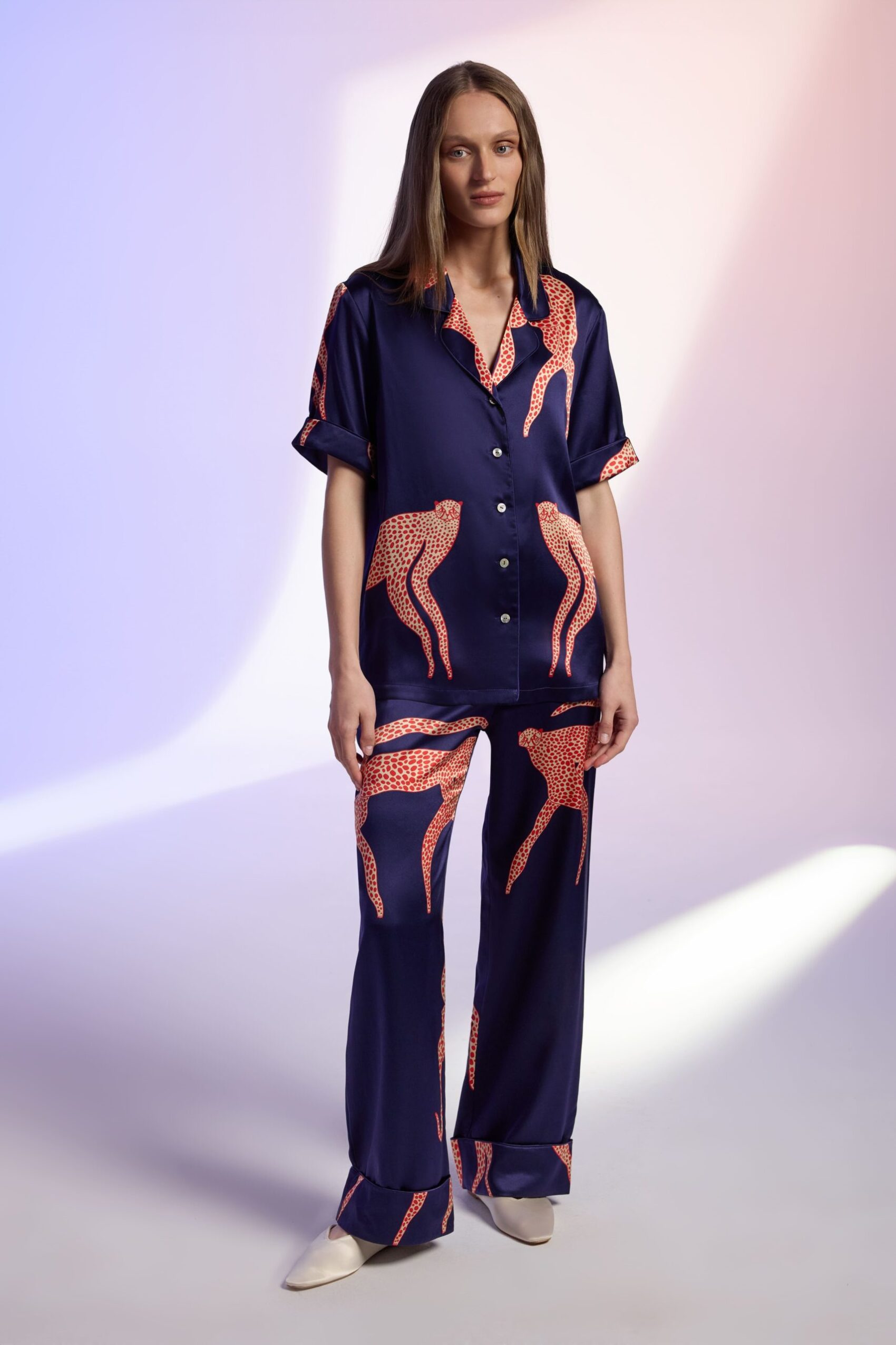 All-season printed silk pyjama set with animal print, combining comfort, elegance, and luxury for year-round loungewear.