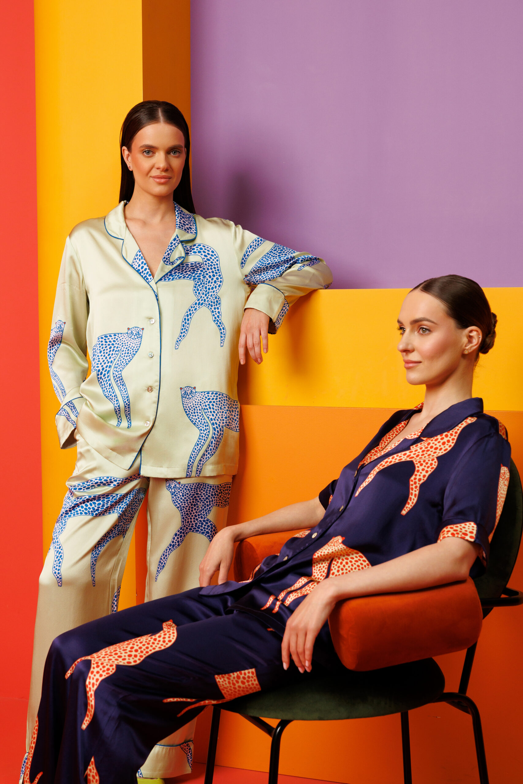 Printed Silk Pajamas POLA with artist illustration worn as lifestyle loungewear